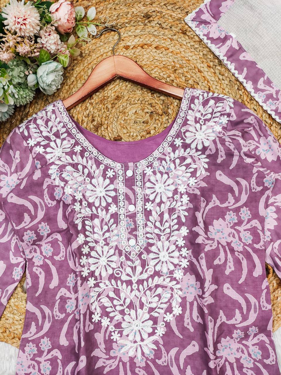 Mustard & Lilac Cotton Embroidery Work Kurta Set