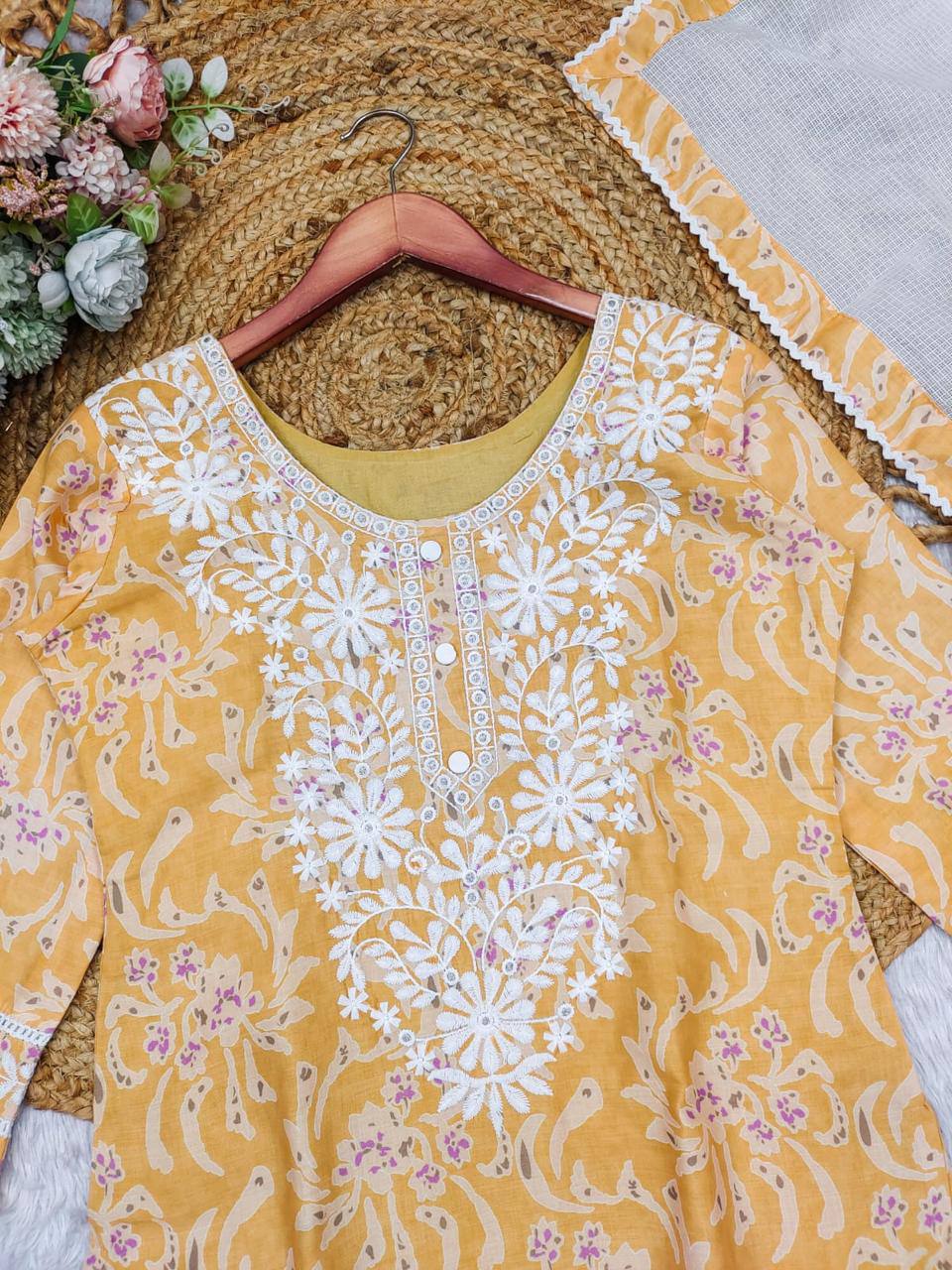 Mustard & Lilac Cotton Embroidery Work Kurta Set