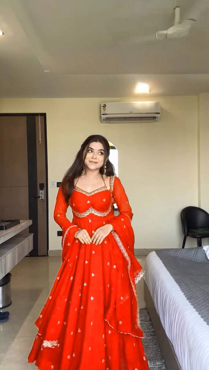 Red chili slit Anarkali Kurta Set Premium Suit Set | Festive & Party Wear