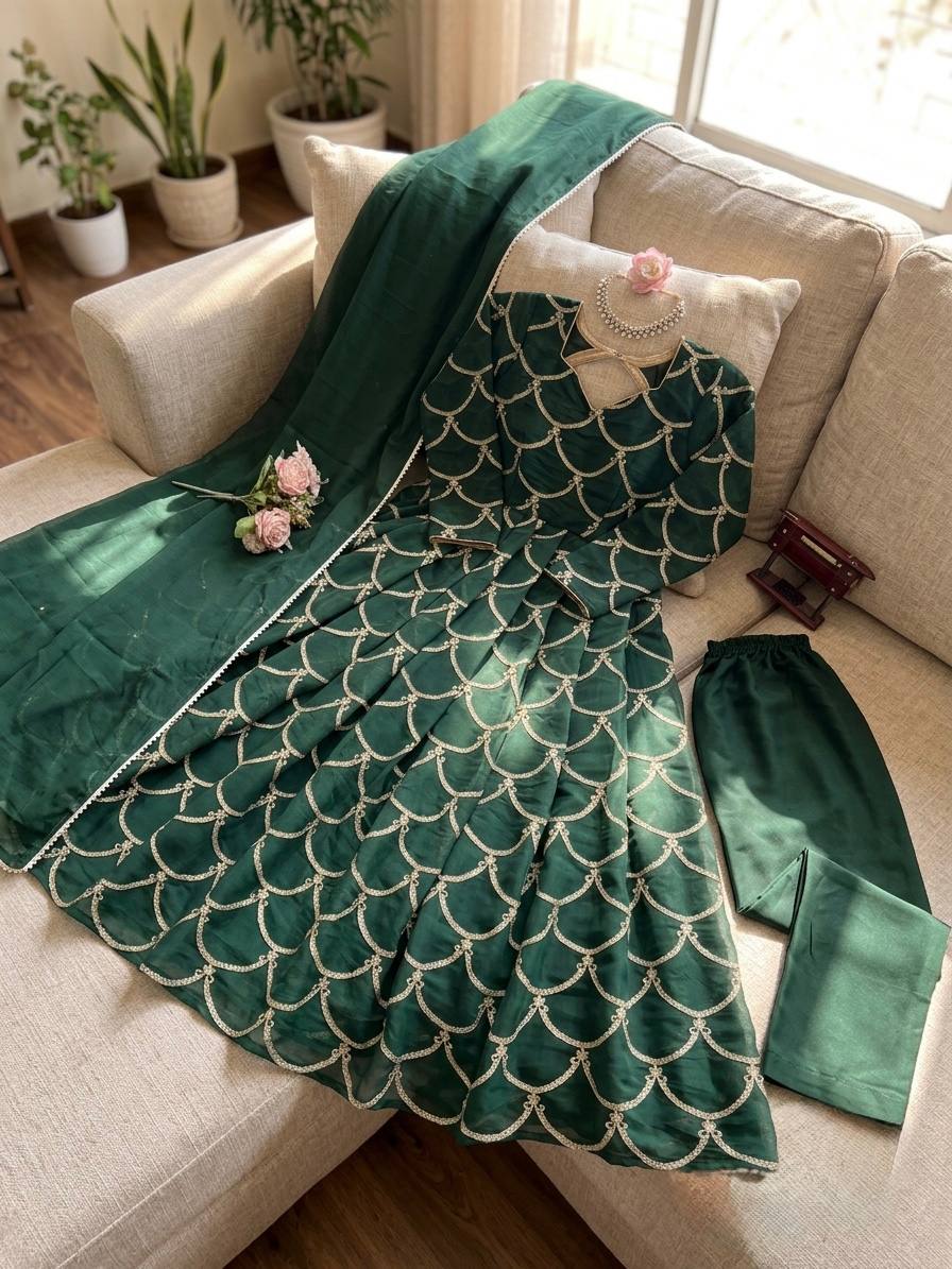 Green heavy embroidery anarkali suit set