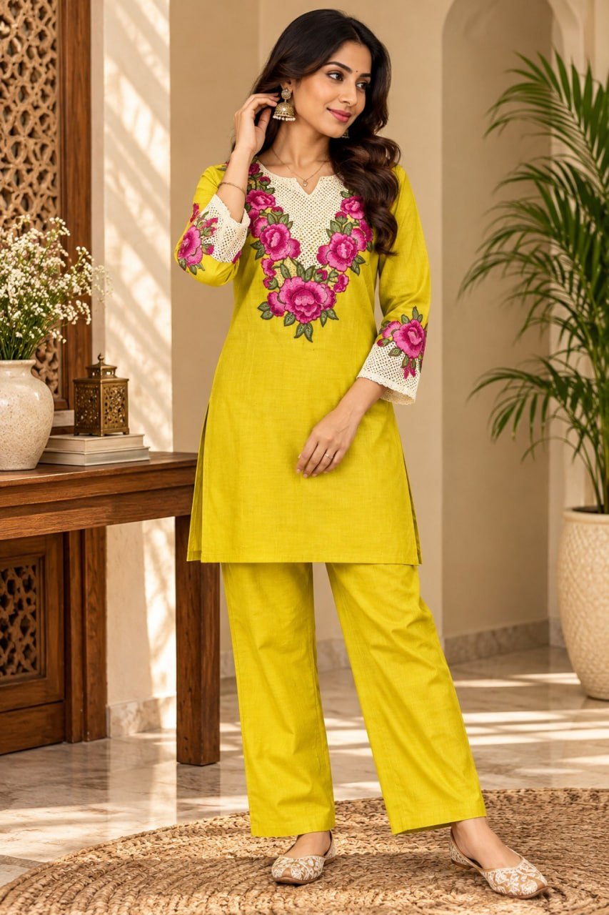 DIVA-165 – Yelloow Women's Embroidered Rayon Slub Co-Ord Set
