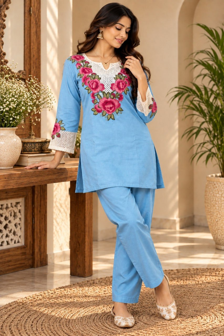 DIVA-165 – Blue Women's Embroidered Rayon Slub Co-Ord Set
