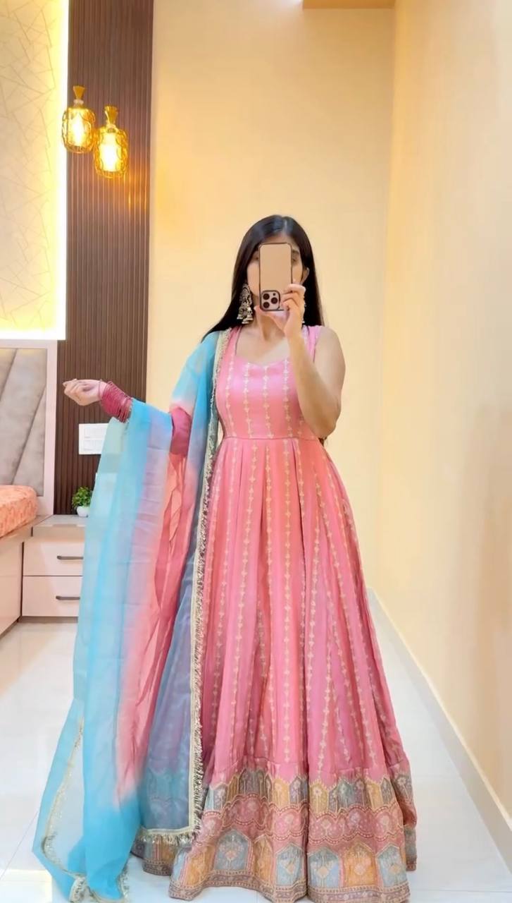Elegant Chinon Silk Anarkali 3-Piece Set