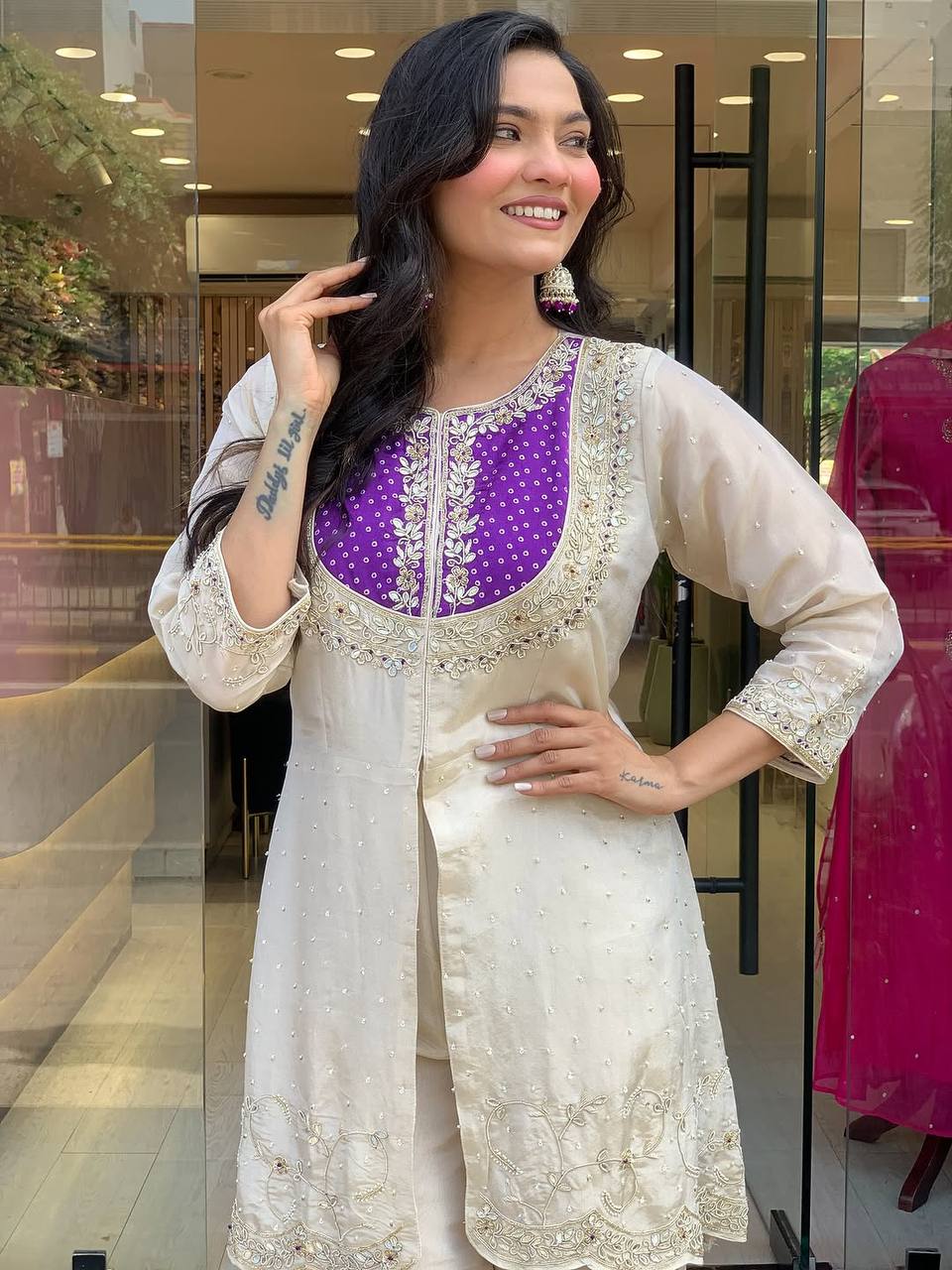 White Roma Shimmer Silk Sequence Work Co-ord Set