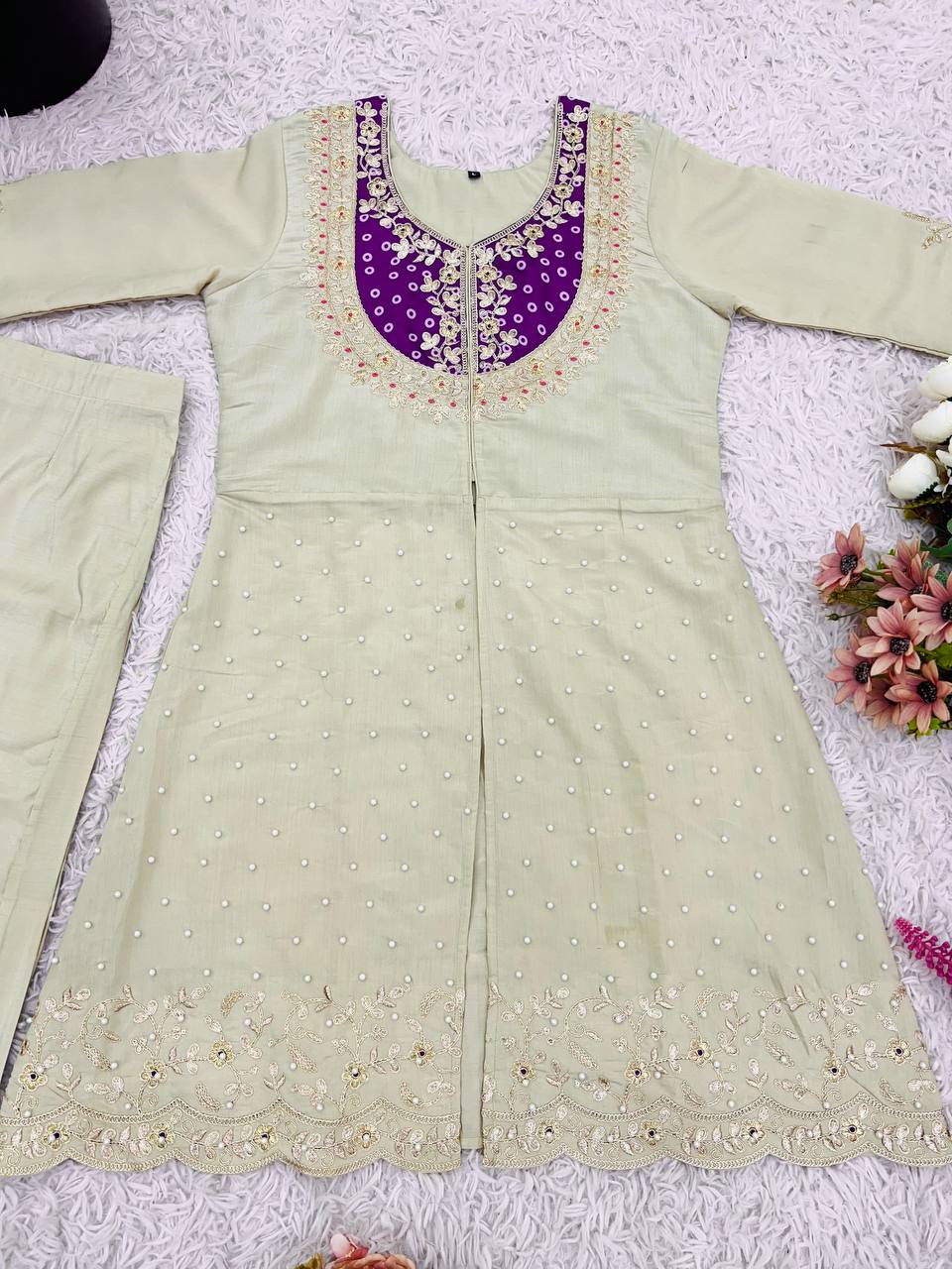 White Roma Shimmer Silk Sequence Work Co-ord Set