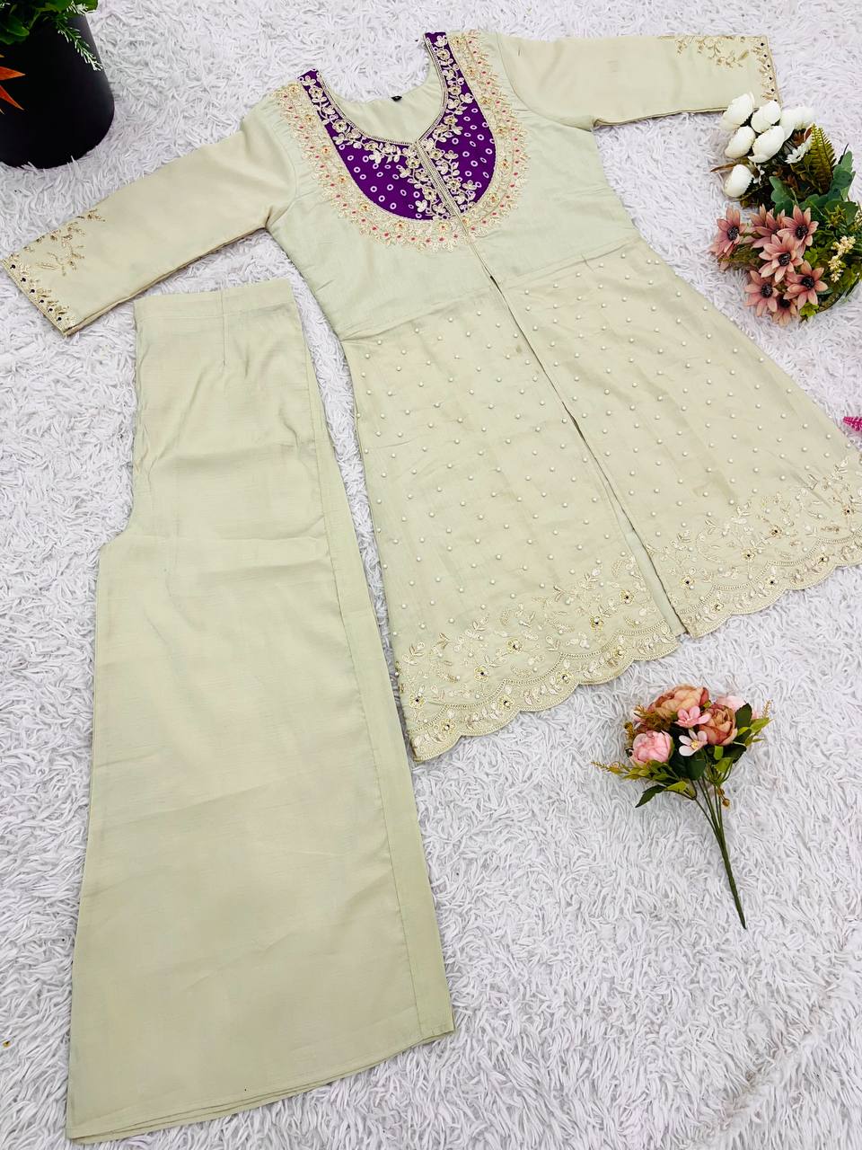 White Roma Shimmer Silk Sequence Work Co-ord Set
