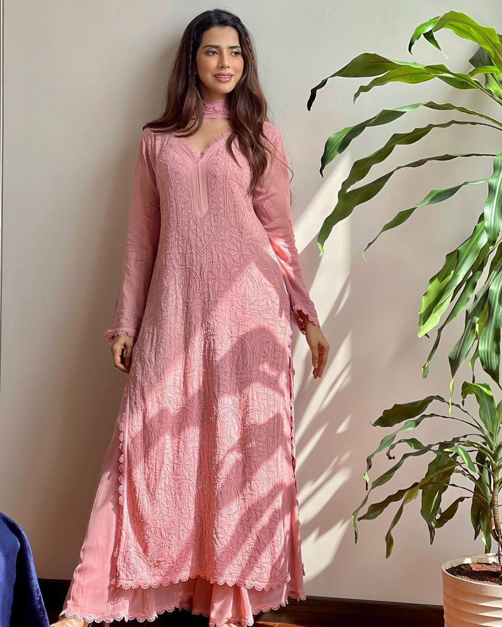 Blush Pink Embroidered Georgette Anarkali Suit Set