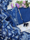 Navy Blue  V Neck Printed Anarkali Suit Set