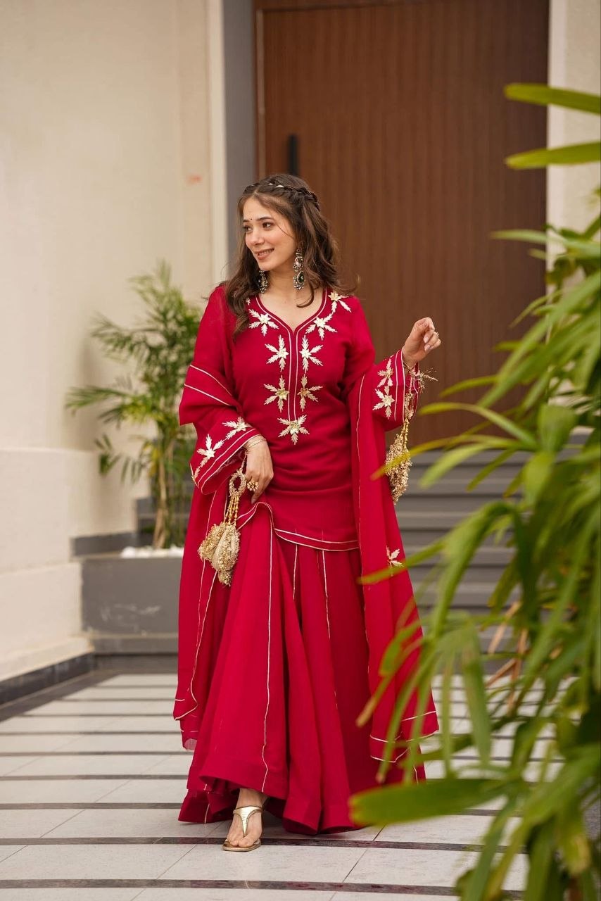 Chiffon Short Kurta with Sharara Palazzo &amp; Dupatta Set