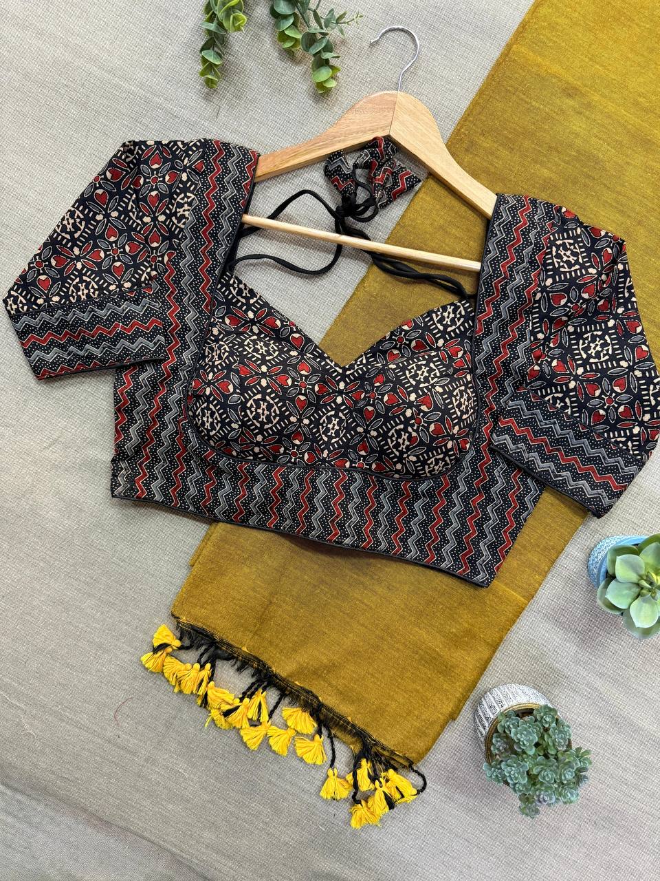 Graceful Khadi Cotton Saree with Pure Ajrakh Blouse