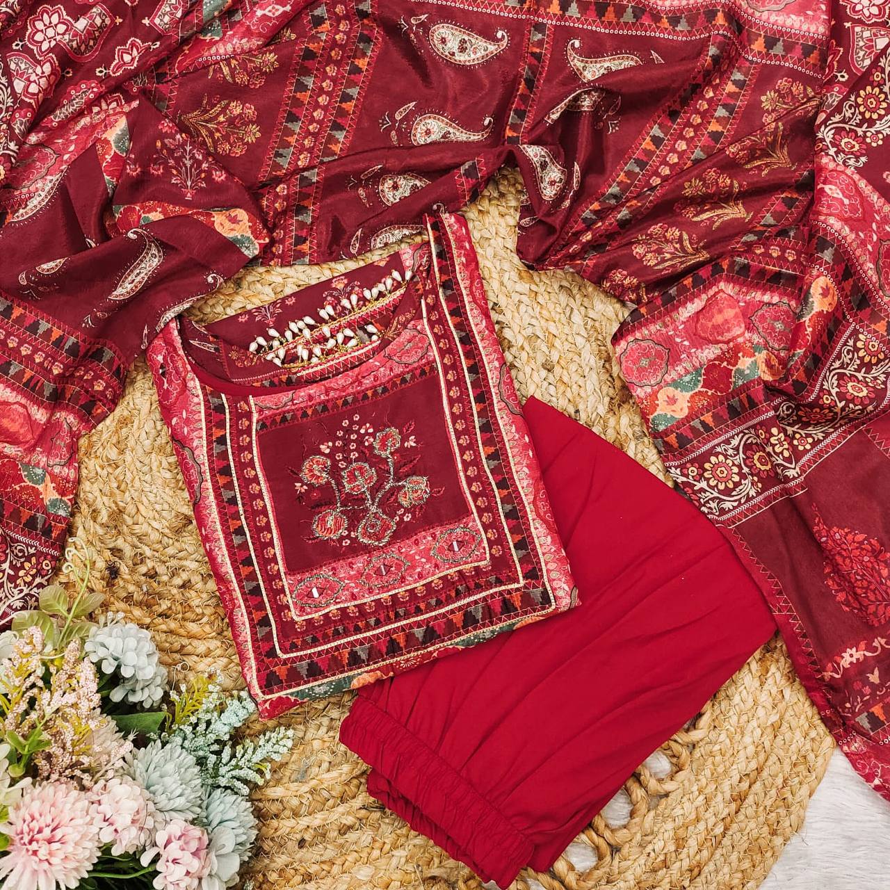 Red printed kurta with tulip pants