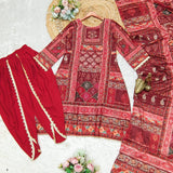 Red printed kurta with tulip pants