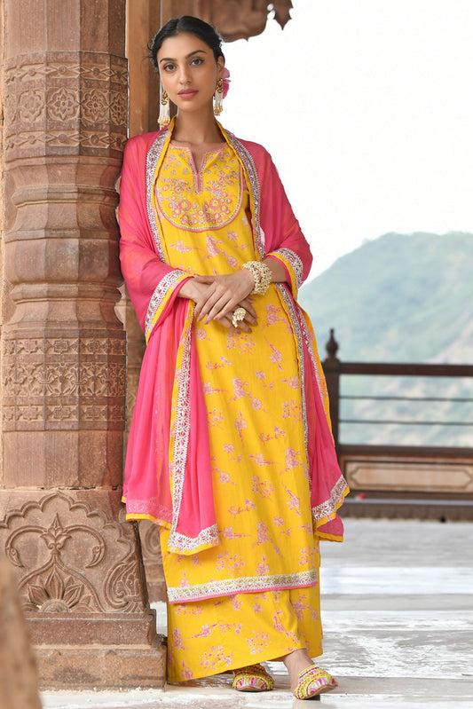 Yellow Cotton Embroidered 3 Piece Set