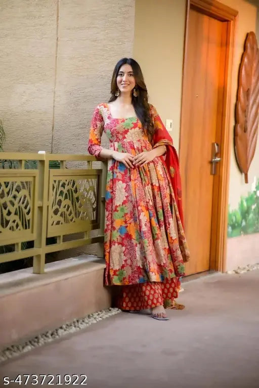 Red Floral Print Anarkali Suit