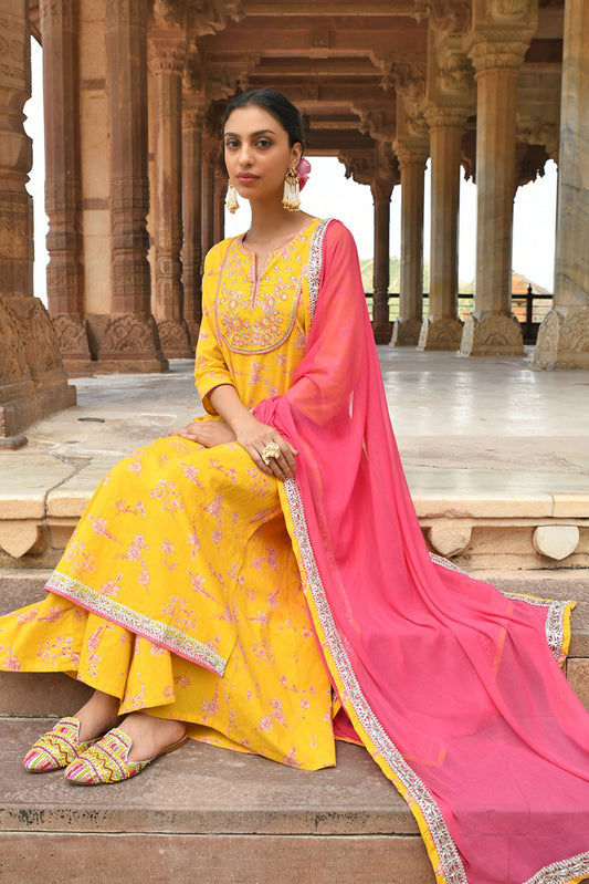 Yellow Cotton Embroidered 3 Piece Set