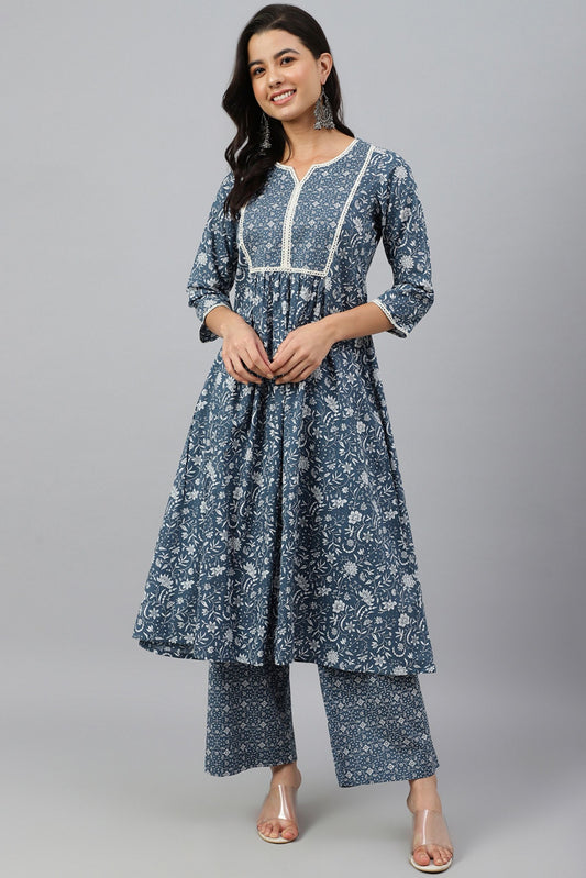 Blue Floral Block Print Kurta 