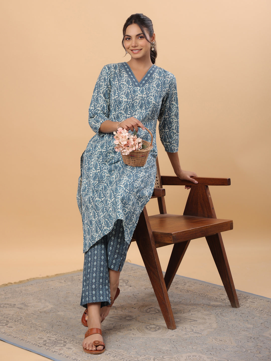 Blue Cotton  Print Kurta Set.