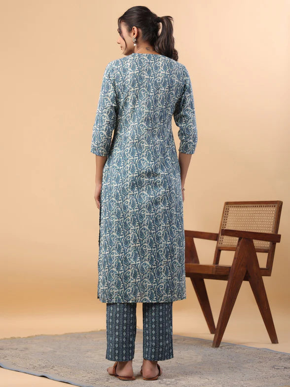 Blue Cotton  Print Kurta Set.