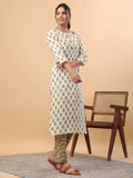 Women's Cream Cotton Motif Kurta Set.