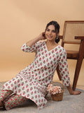 Cream Cotton Ethnic Motif Straight Kurta Set.