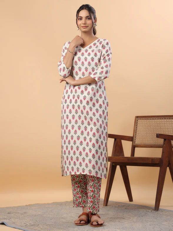 Cream Cotton Ethnic Motif Straight Kurta Set.