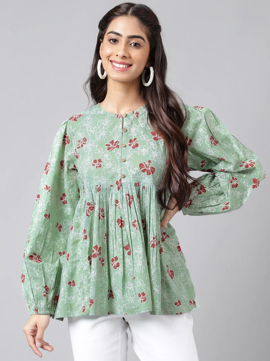 Green Floral-Printed Top