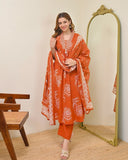 Elegant Discharge Print A-Line Kurta Set with Malmal Dupatta