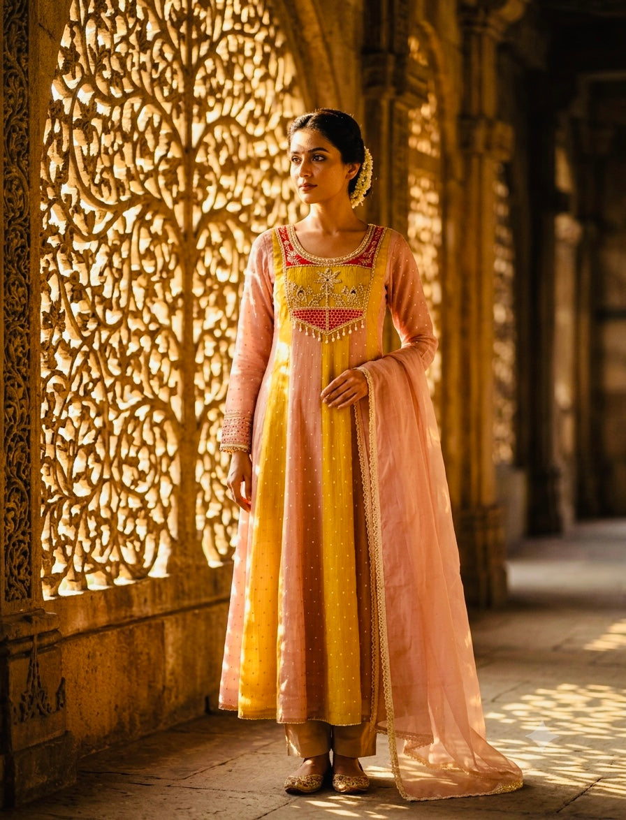 Sequinned Embroidered  yellow Gown Set with Dupatta