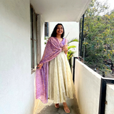 Cream Anarkali Dress with Lavender Dupatta – Elegant Women’s Ethnic Wear