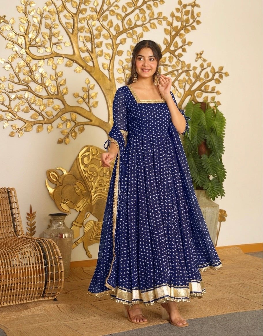 Royal Blue Festive Bandhej Print Gown Set