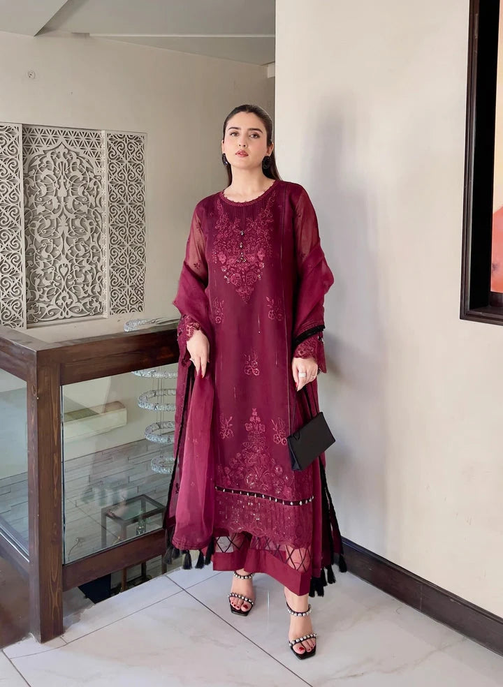 Designer Mahroon Embroidered 3-Piece Suit Set