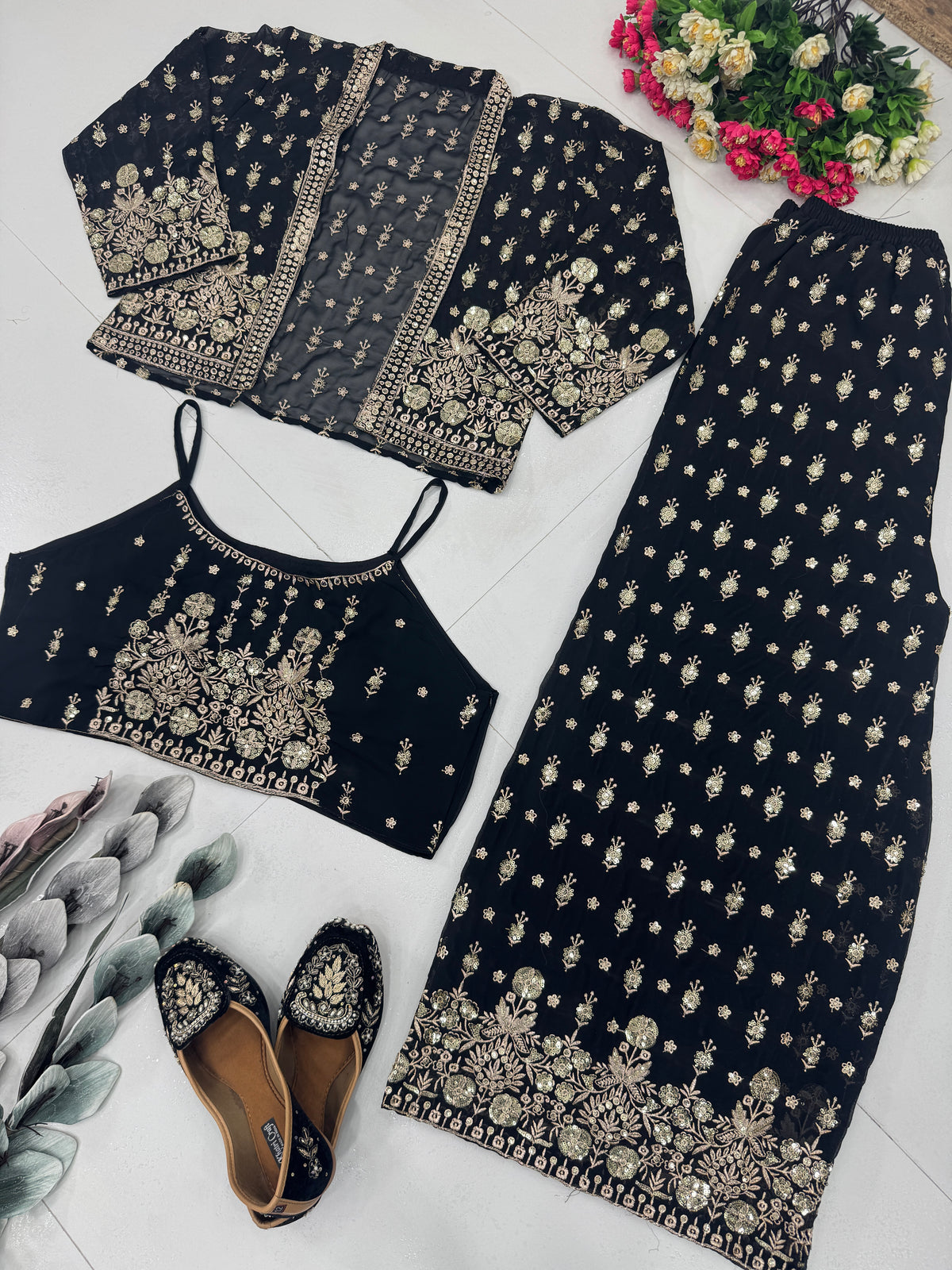 Glamorous Three-Piece Set with Embroidered Sequence Work