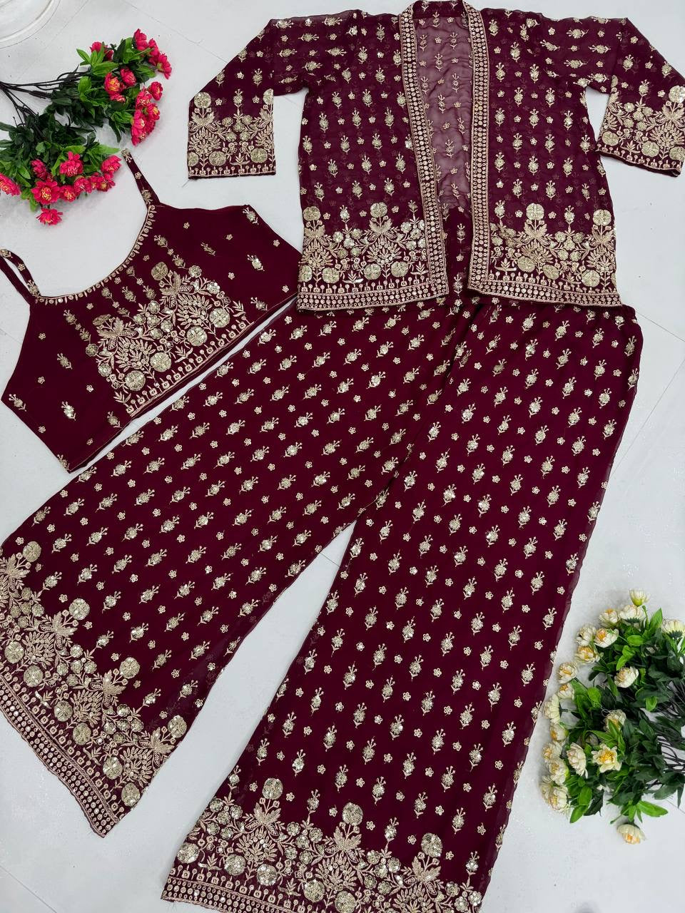 Glamorous Three-Piece Set with Embroidered Sequence Work