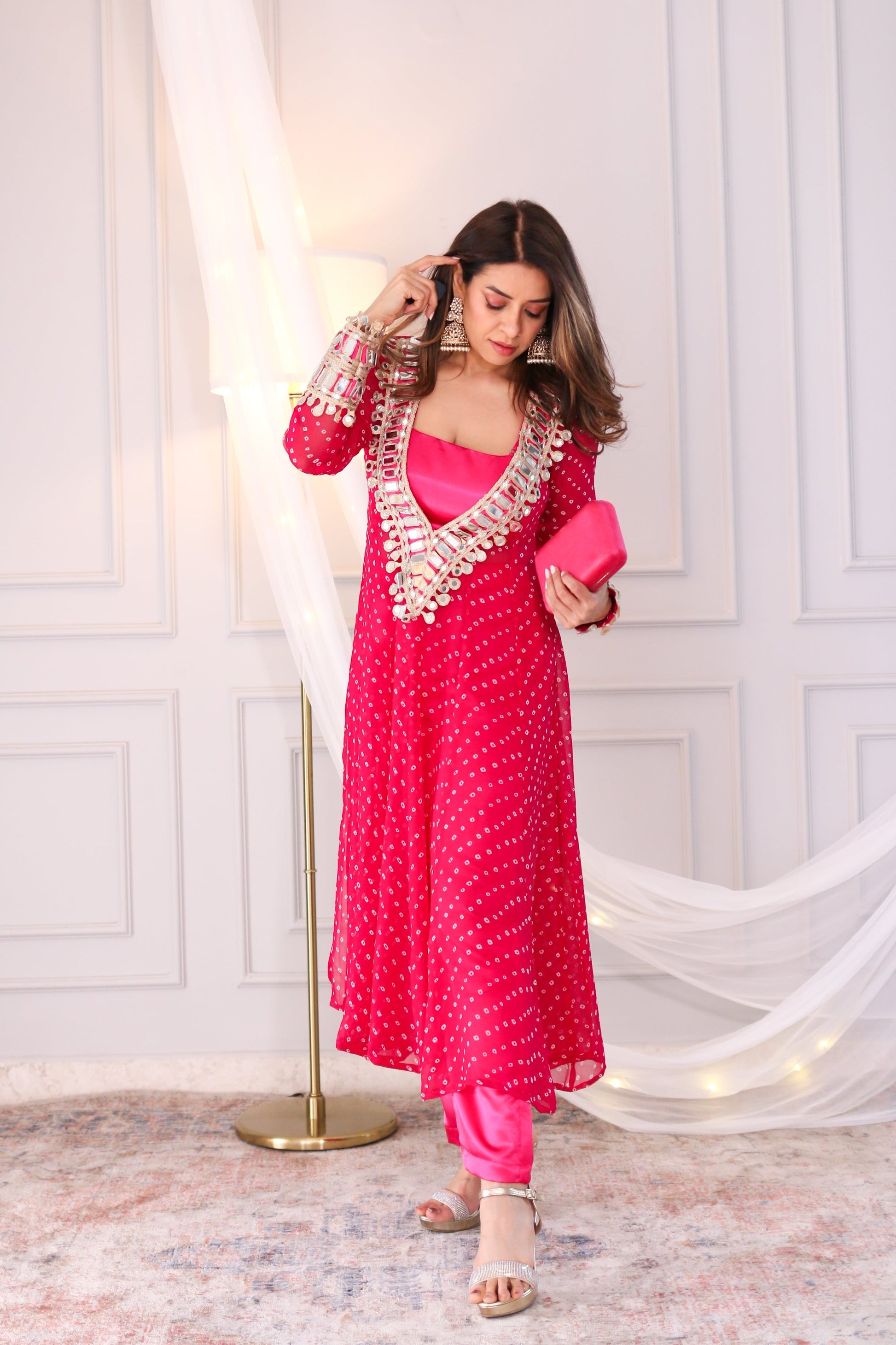 Bandhani Real Mirror Work Cord Set (pink)