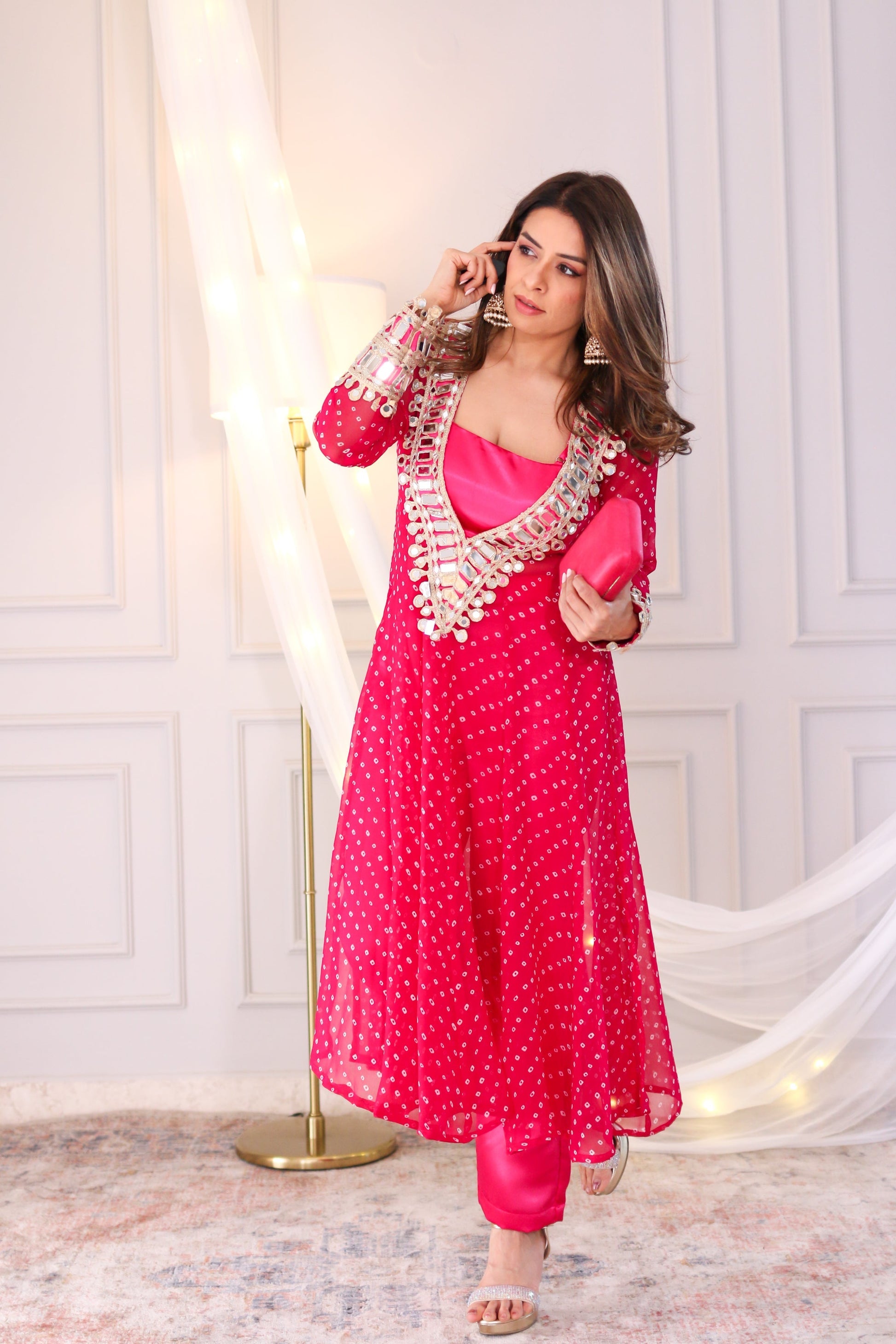 Bandhani Real Mirror Work Cord Set (pink)
