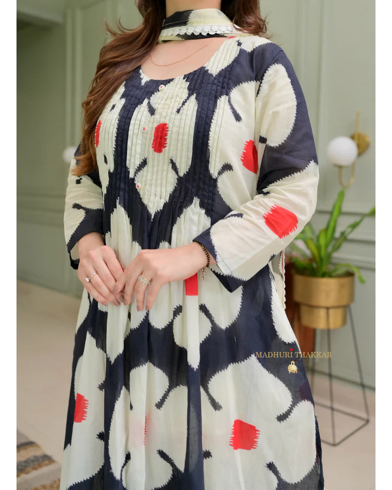 Black & White Color Floral Printed Terry Cotton Kurta Pant set