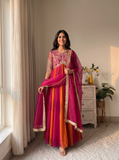 Elegant Red/Orange Embroidered Silk Gown Set
