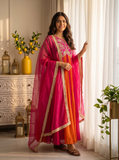 Elegant Red/Orange Embroidered Silk Gown Set