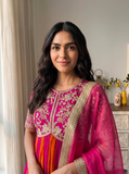 Elegant Red/Orange Embroidered Silk Gown Set