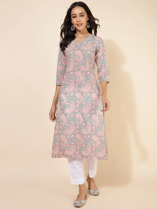 Sage Green Cotton Paisley Printed Straight Kurta