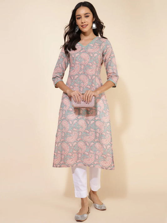 Sage Green Cotton Paisley Printed Straight Kurta