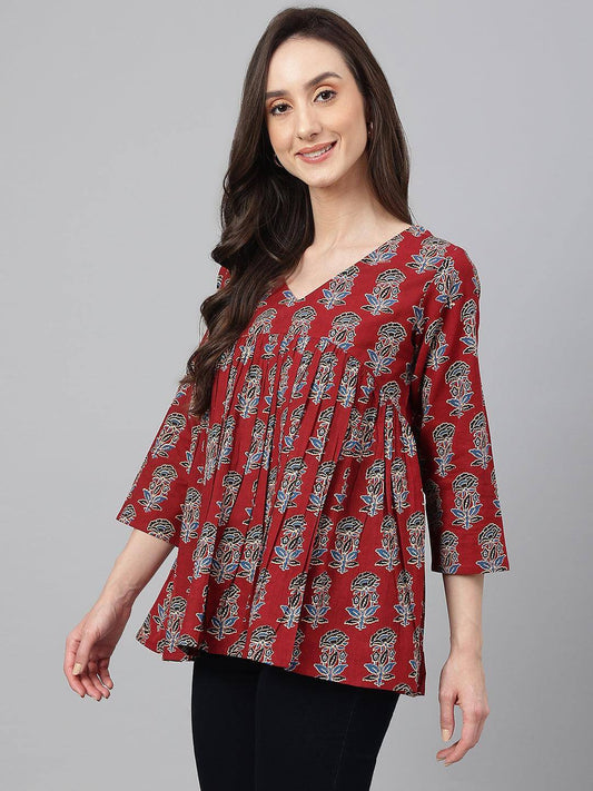 Maroon-Block-Print-Flared-Top