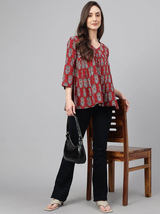 Maroon-Block-Print-Flared-Top