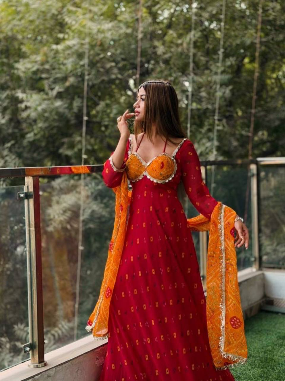 Exclusive Faux Georgette Digital Print Mirror Work Suit Set