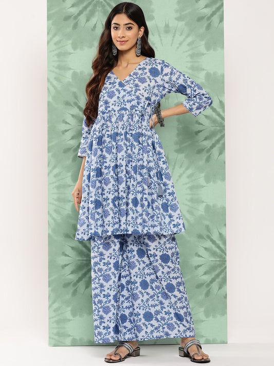 Teal Blue cotton printed Kurta set