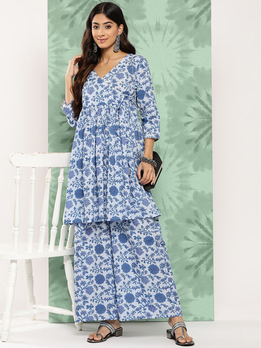 Teal Blue cotton printed Kurta set