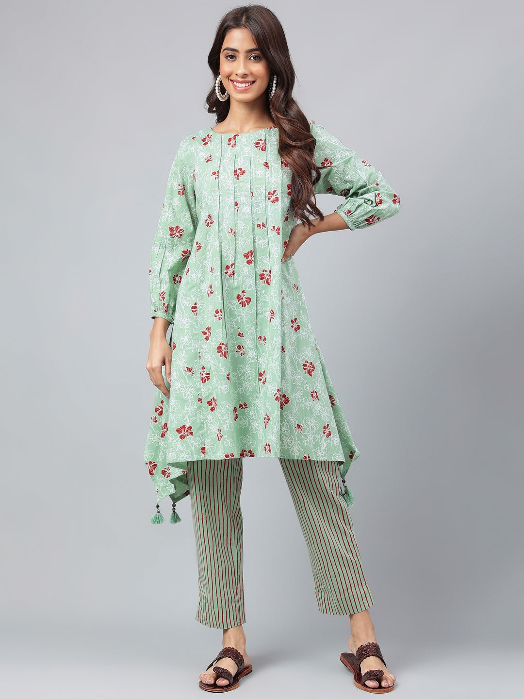 Green Cotton Floral Kurta