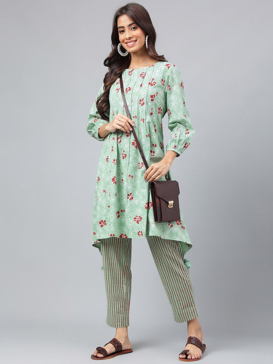 Green Cotton Floral Kurta