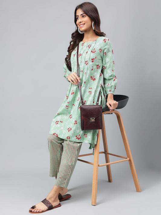 Green Cotton Floral Kurta