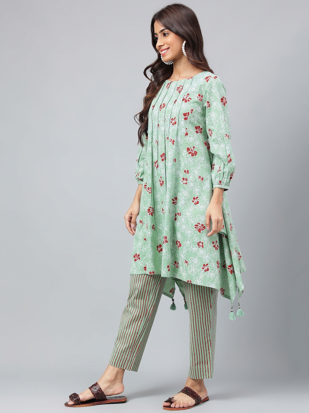 Green Cotton Floral Kurta